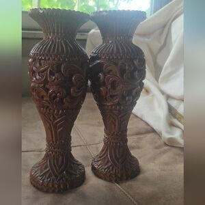 Pair of Intricately Carved Brown Wooden Vases